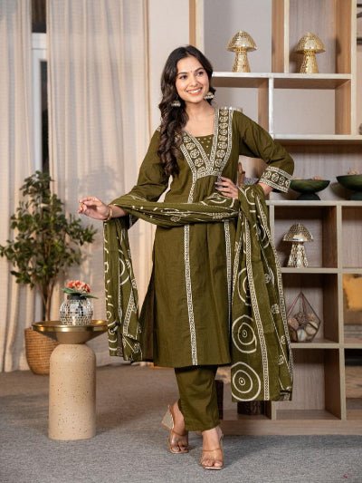 Olive Green Adda Work Cotton Anarkali Suit Set - BONYHUBSALWAR KAMEEZ