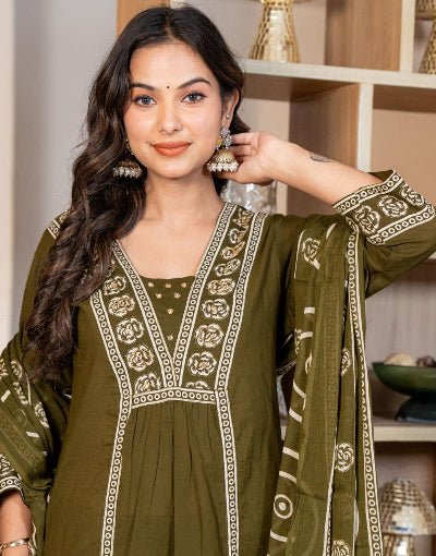 Olive Green Adda Work Cotton Anarkali Suit Set - BONYHUBSALWAR KAMEEZ