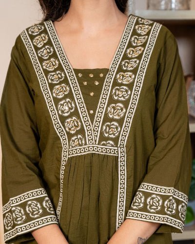 Olive Green Adda Work Cotton Anarkali Suit Set - BONYHUBSALWAR KAMEEZ