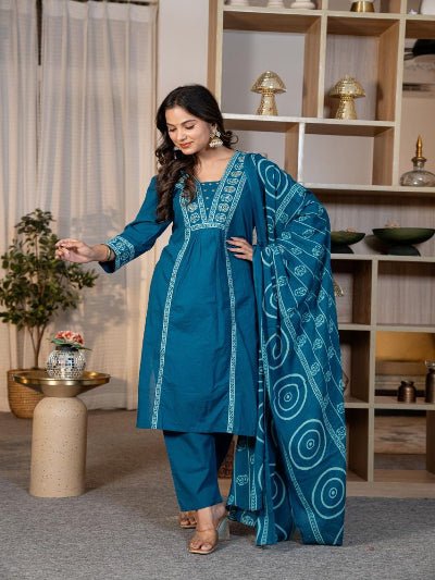 Stylish Blue Adda Work Cotton Anarkali Suit Set - BONYHUBSALWAR KAMEEZ