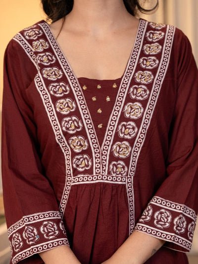 Trendy Maroon Adda Work Cotton Anarkali Suit Set - BONYHUBSALWAR KAMEEZ