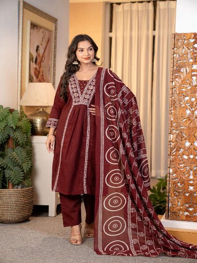 Trendy Maroon Adda Work Cotton Anarkali Suit Set - BONYHUBSALWAR KAMEEZ