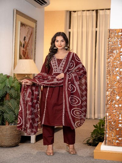 Trendy Maroon Adda Work Cotton Anarkali Suit Set - BONYHUBSALWAR KAMEEZ