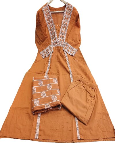 Rust Orange Adda Work Cotton Anarkali Suit Set - BONYHUBSALWAR KAMEEZ