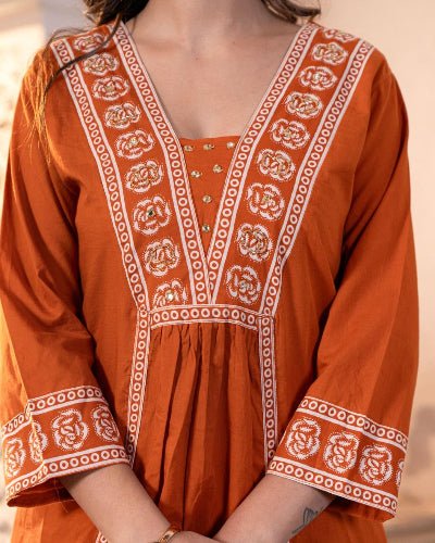 Rust Orange Adda Work Cotton Anarkali Suit Set - BONYHUBSALWAR KAMEEZ