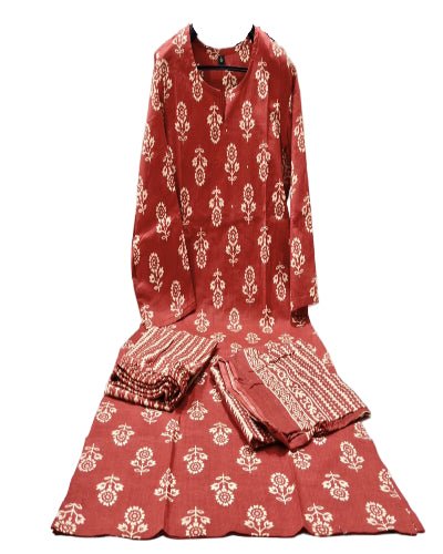 Elegant Red Printed Cotton Straight Suit Set - BONYHUBSALWAR KAMEEZ