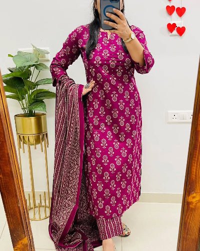 Classic Pink Printed Cotton Straight Suit Set - BONYHUBSALWAR KAMEEZ