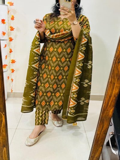 Mehendi Green Sequin Detailing Cotton Straight Suit Set - BONYHUBSALWAR KAMEEZ