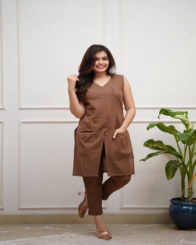 Trendy Brown Cotton Plain Kurti Pant Set Of 2 - BONYHUBSALWAR KAMEEZ