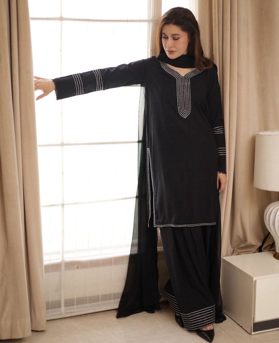Trendy Black Cotton Farshi Style Straight Suit Set - BONYHUBSALWAR KAMEEZ