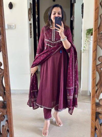 Trendy Burgandy Adda Work Cotton Anarkali Suit Set - BONYHUBSALWAR KAMEEZ