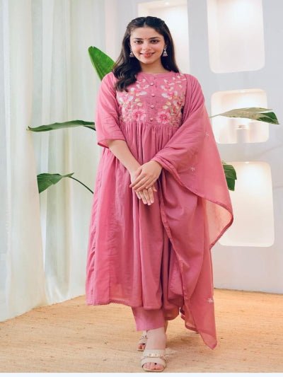 Beautiful Pink Embroidery Cotton Anarkali Suit Set - BONYHUBSALWAR KAMEEZ