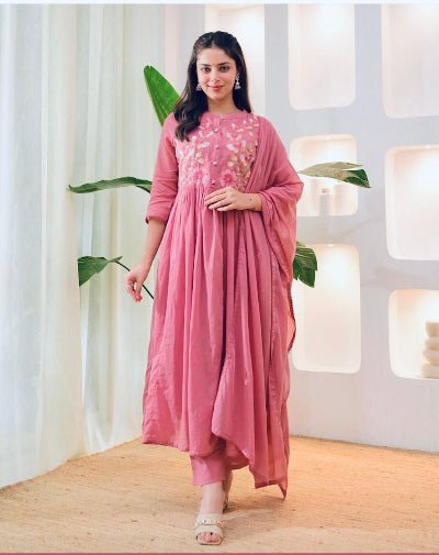 Beautiful Pink Embroidery Cotton Anarkali Suit Set - BONYHUBSALWAR KAMEEZ