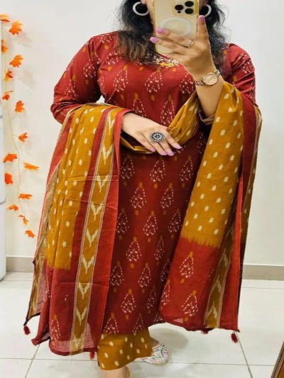 Burnt Orange Mustard Azrak Cotton Sequin Work Straight Suit Set - BONYHUBSALWAR KAMEEZ