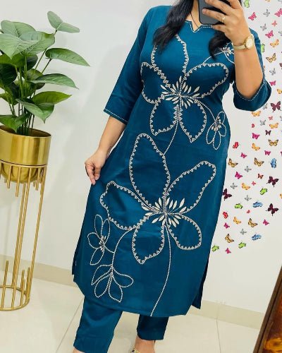 Stylish Aqua Blue Tagai Work Cotton Kurti Pant Set Of 2 - BONYHUBSALWAR KAMEEZ