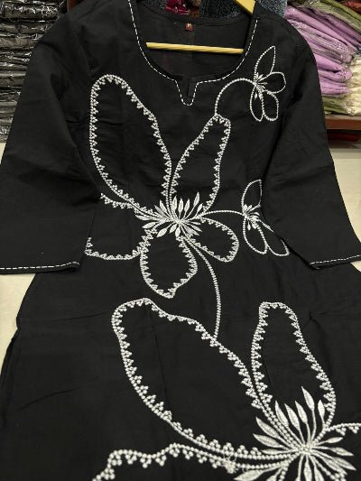 Stylish Black Tagai Work Cotton Kurti Pant Set Of 2 - BONYHUBSALWAR KAMEEZ
