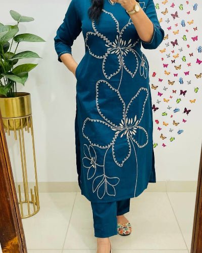 Stylish Aqua Blue Tagai Work Cotton Kurti Pant Set Of 2 - BONYHUBSALWAR KAMEEZ