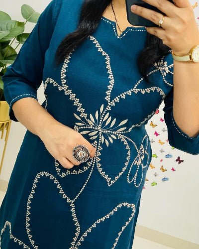 Stylish Aqua Blue Tagai Work Cotton Kurti Pant Set Of 2 - BONYHUBSALWAR KAMEEZ