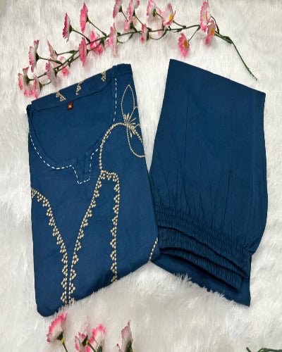 Stylish Aqua Blue Tagai Work Cotton Kurti Pant Set Of 2 - BONYHUBSALWAR KAMEEZ
