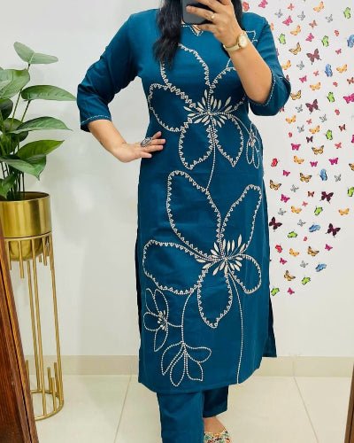 Stylish Aqua Blue Tagai Work Cotton Kurti Pant Set Of 2 - BONYHUBSALWAR KAMEEZ