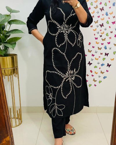 Stylish Black Tagai Work Cotton Kurti Pant Set Of 2 - BONYHUBSALWAR KAMEEZ