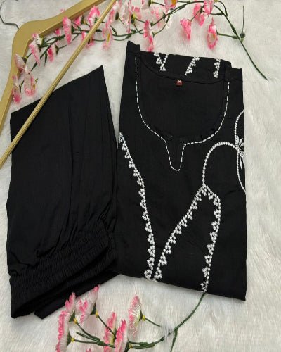 Stylish Black Tagai Work Cotton Kurti Pant Set Of 2 - BONYHUBSALWAR KAMEEZ