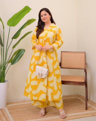 Beautiful Yellow Cotton Printed Kurti Pant Set Of 2 - BONYHUBSALWAR KAMEEZ