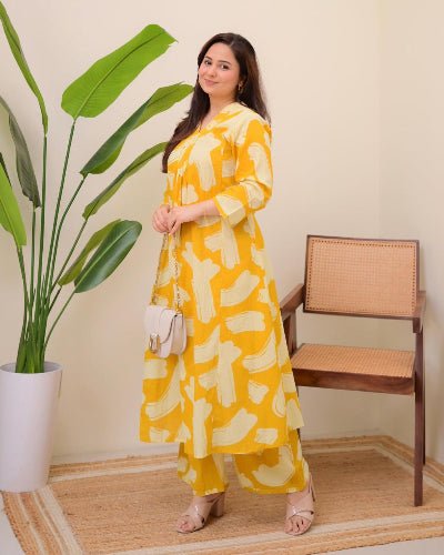 Beautiful Yellow Cotton Printed Kurti Pant Set Of 2 - BONYHUBSALWAR KAMEEZ