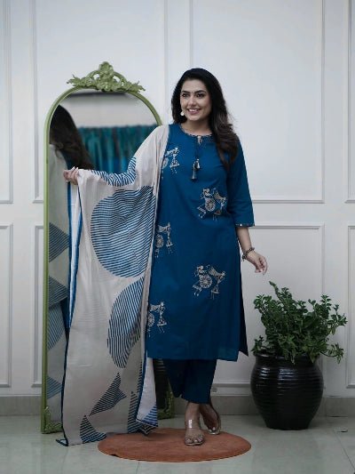 Teal Blue Classy Zari Embroidery Cotton Straight Suit Set - BONYHUBSALWAR KAMEEZ