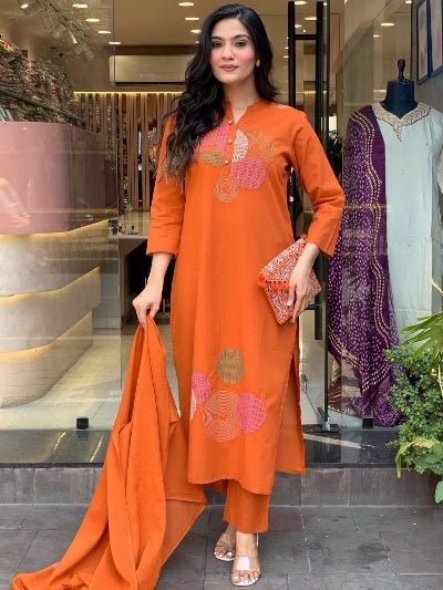 Orange Trendy Aari work Cotton Straight Suit Set - BONYHUBSALWAR KAMEEZ