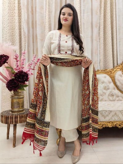 Classy White Embroidery Chanderi Silk Straight Suit Set - BONYHUBSALWAR KAMEEZ