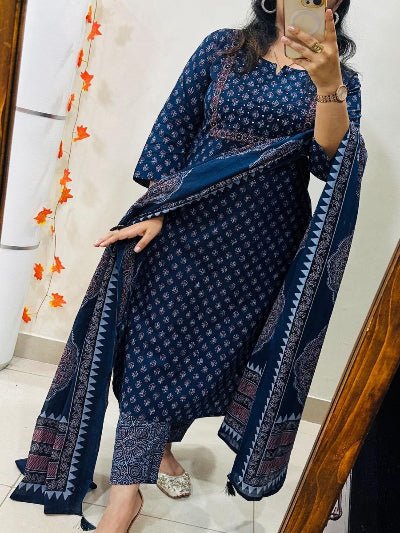 Indigo Embroidery Azrak Cotton Straight Suit Set - BONYHUBSALWAR KAMEEZ