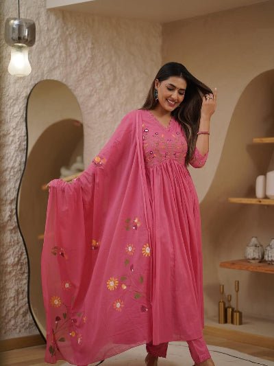 Pink Elegant Malmal Embroidery Anarkali Suit With Malmal Dupatta - BONYHUBSALWAR KAMEEZ
