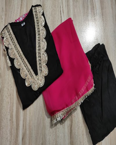 Black Lace Embroidery Luxurious Rayon 3 Piece Suit - BONYHUBSALWAR KAMEEZ