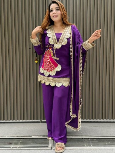 Purple Lace Embroidery Luxurious Rayon 3 Piece Suit - BONYHUBSALWAR KAMEEZ