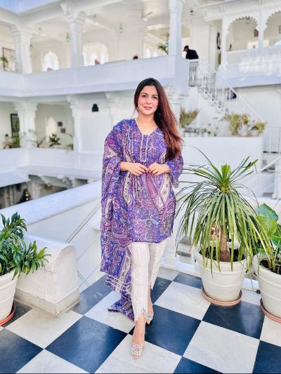 Lavender Purple Paisley Print Cotton Kurti Tulip Pant Dupatta Set - BONYHUBSALWAR KAMEEZ