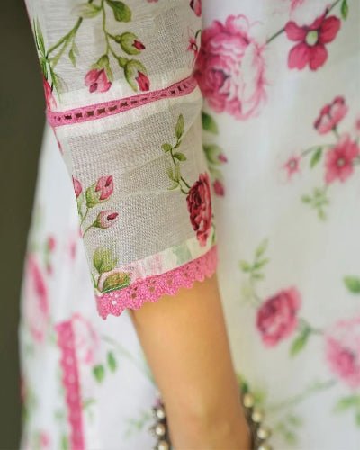 White Floral Printed Chanderi Cotton Straight Suit Set - BONYHUBSALWAR KAMEEZ