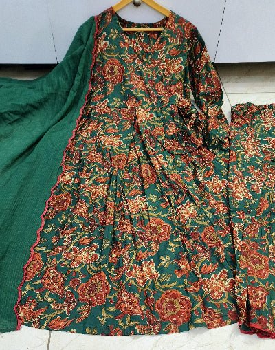 Green Floral Print Cotton Anarkali Suit With Kota Doriya Dupatta - BONYHUBSALWAR KAMEEZ