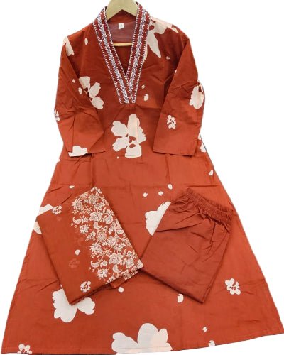 Brick Orange Cotton Ethnic Embroidery Work Suit Set - BONYHUBSALWAR KAMEEZ