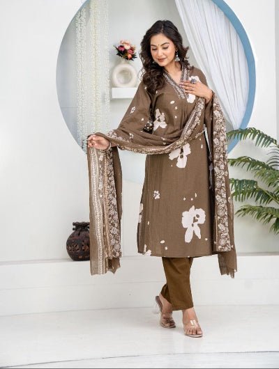 Plus Size Earthy Cotton Ethnic Embroidery Work Suit Set - BONYHUBSALWAR KAMEEZ