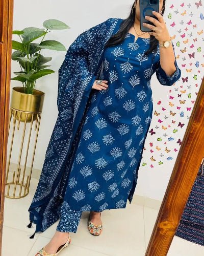 Blue Classy Adda work Cotton Straight Suit Set - BONYHUBSALWAR KAMEEZ