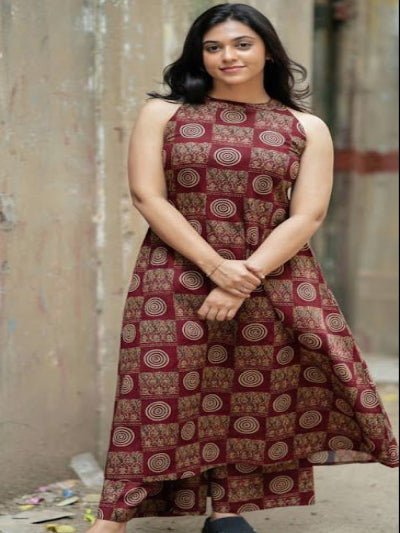 Rusty Red Halter Neck Ajrakh Cotton Kurti Palazzo Set Of 2 - BONYHUBSALWAR KAMEEZ