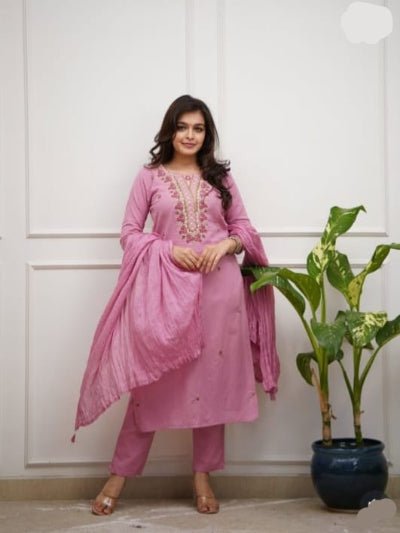 Light Pink Embroidery Work Cotton Straight Suit Set - BONYHUBSALWAR KAMEEZ