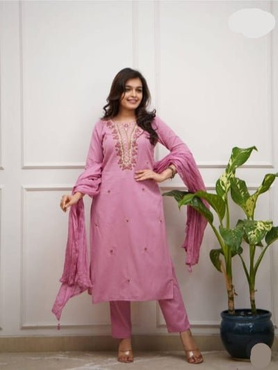 Light Pink Embroidery Work Cotton Straight Suit Set - BONYHUBSALWAR KAMEEZ