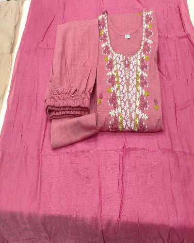 Light Pink Embroidery Work Cotton Straight Suit Set - BONYHUBSALWAR KAMEEZ