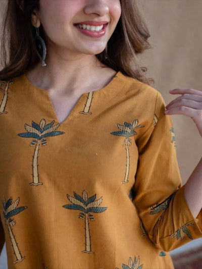 Corn Yellow Cotton Long Kurti Pant Set Of 2 - BONYHUBSALWAR KAMEEZ