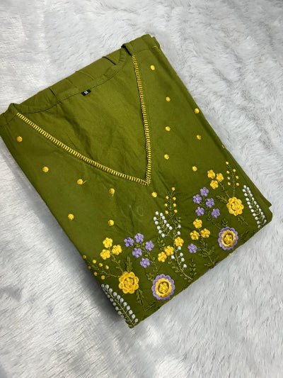 Olive Green Cotton Embroidery Work Anarkali Suit Set - BONYHUBSALWAR KAMEEZ