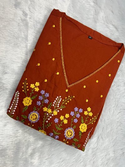 Rust Orange Cotton Embroidery Work Anarkali Suit Set - BONYHUBSALWAR KAMEEZ