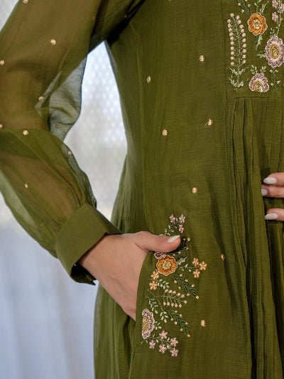 Olive Green Cotton Embroidery Work Anarkali Suit Set - BONYHUBSALWAR KAMEEZ
