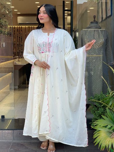 White Embroidery Cotton Anarkali Suit With Malmal Dupatta - BONYHUBSALWAR KAMEEZ